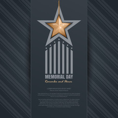 Wall Mural - Memorial Day design. Remember and honor. National american holiday. Festive poster or banner with gold star on an elegant gray background. Vector illustration