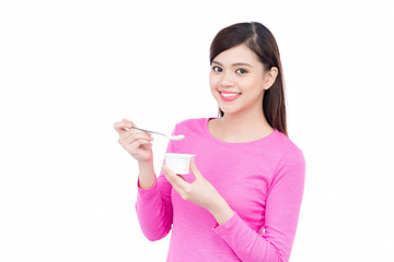 Young asian female enjoying taste of yogurt isolated on white