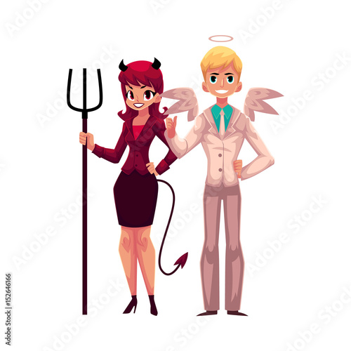 My Apprentice Are All Female Devils Male angel and female devil characters in business suits, decision