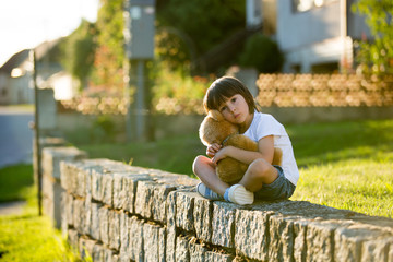 Poster - Sweet boy, playing with teddy bear on a small rural path on sunset