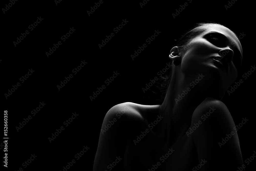 beautiful totpless woman with closed eyes on black background monochrome - obrazy, fototapety, plakaty 