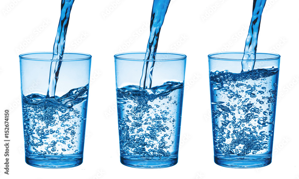 Three glasses with different level of water. Pouring fizzy water into  transparent glass background. Stock Photo | Adobe Stock