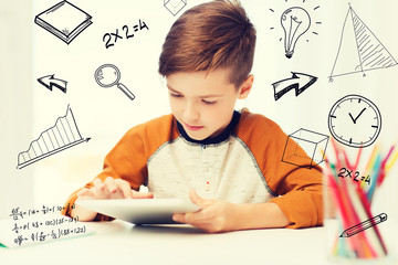 close up of boy with tablet pc computer at home
