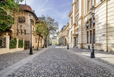 Fototapeta Uliczki - The beautiful Strada Postei street in the Lipscani district, in a moment of tranquility without people, historical center of Bucharest, Romania