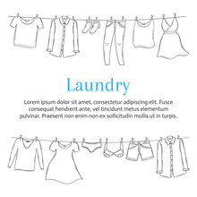 Laundry Service Banner Template With Clothes Hanging On Clothesline, Hand Drawn Sketch, Vector Illustration.