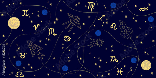 Cotton fabric Tierkreis-Himmel. Abstrakte nahtlose Vektormuster mit Konstellationen, Mond, Sterne, Raumschiffe und Tierkreiszeichen.