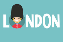London Conceptual Illustrated Sign: Smiling Beefeater Wearing Uniform. British Royal Guard / Flat Vector Illustration