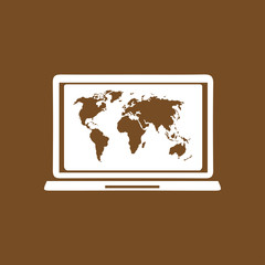 Wall Mural - Laptop and world map illustration. World map geography symbol.  Flat design style. 