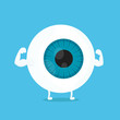 Strong healthy white eye, eyeball character. Vector flat cartoon illustration icon design. Isolated on blue backgound