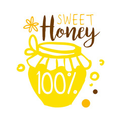 Sticker - Sweet honey, 100 percent logo. Colorful hand drawn vector illustration