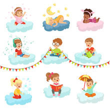 Lovely Little Boys And Girls Sitting On A Clouds Playing Toys, Listening Music, Reading Book, Sleeping, Dreaming Colorful Characters Vector Illustrations