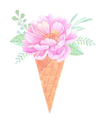  Watercolor illustration. Ice cream with Floral elements. Bouquet with peonies, leaves and branches. Perfect for Wedding invitation, greeting card, prints or posters.