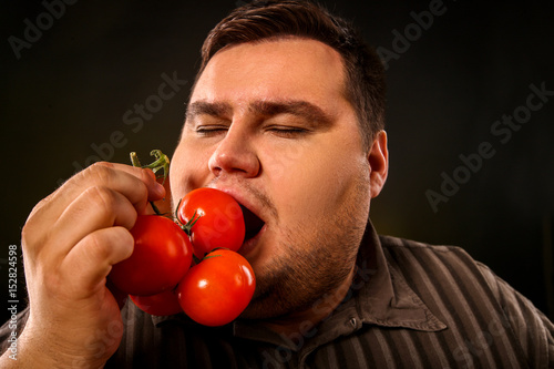 Diet Fat Man Eating Healthy Food Health Breakfast With Vegetables