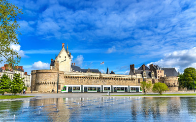 Poster - Castle of the Dukes of Brittany, a City tram and the Water Mirror fountain in Nantes, France