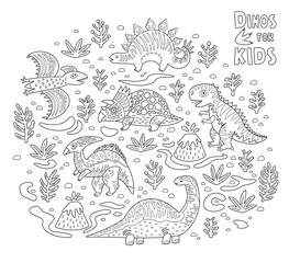 Wall Mural - Cartoon dinosaurs collection in outline. Vector illustration