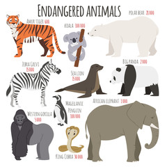 different kinds deleted species dying rare uncommon red book animals characters vector illustration