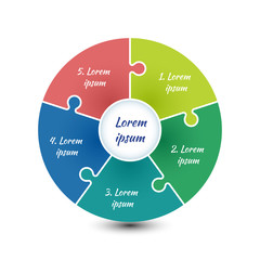 Wall Mural - Circle infographic template with 5 steps and central element. Colorful parts of the chart  with puzzle elements. For presentation and design concept. Vector illustration.