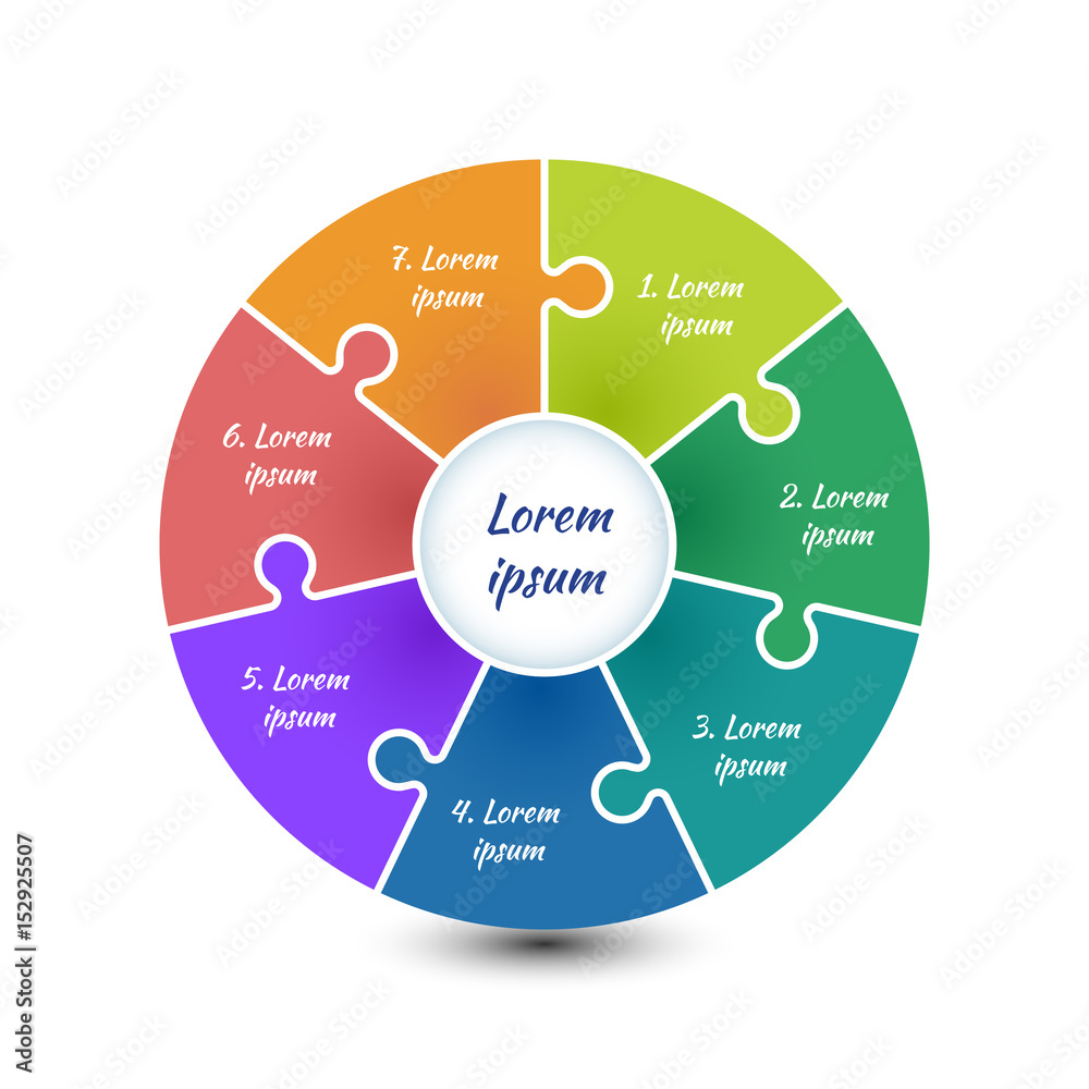 Circle infographic template with 7 steps and central element. Colorful ...