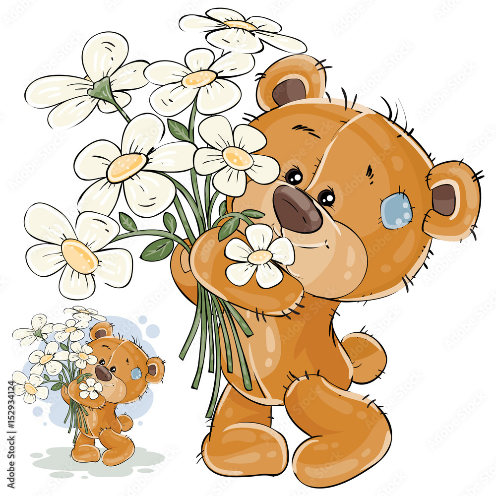 Vector illustration of a brown teddy bear holding a bouquet of flowers ...
