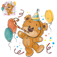 Vector illustration of a brown teddy bear in a cardboard hat and with a whistle surrounded by balloons. Print, template, design element for greeting cards and invitations to a party