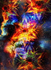 Poster - Filigrane floral ornament with mandala shape on cosmic backgrond, computer collage.