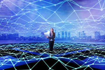 Aufkleber - Young woman standing with laptop PC and mesh communication network concept. Internet of Things. Smart city. Information Communication Technology.