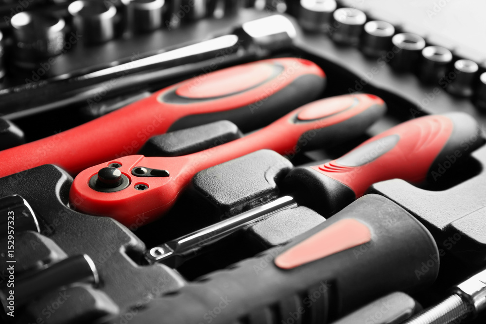 Box with set of tools for car repair, closeup