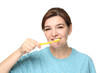 © Africa Studio - Senior woman cleaning teeth on white background