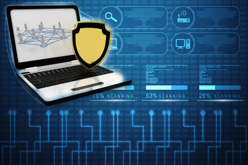 Poster - laptop with shield. Isolated 3d rendering image
