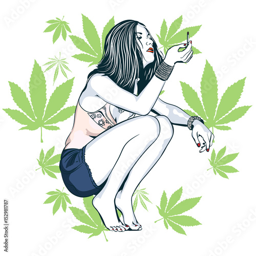 Naklejka - mata magnetyczna na lodówkę Woman naked legs smoke marijuana. Vector image. Cannabis leafs.