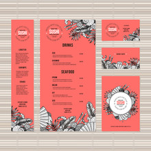 Sushi Menu Template. Asian Food Restaurant Identity. Engraved Style Illustration. Vector Illustration