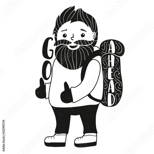 Fotografie, Obraz Inspiration vector illustration with cute smiley face bearded man with backpack