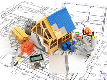 Building And Construction Materials Located On Top Of The Drawings. 3D Illustration