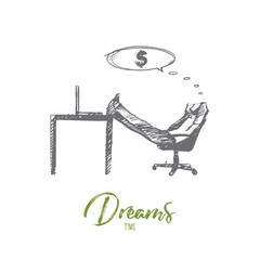 Vector hand drawn Dreams time concept sketch. Businessman sitting in office and dreaming about money and income