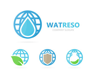 Vector of oil and planet logo combination. Drop and world symbol or icon. Unique water, aqua and globe logotype design template.