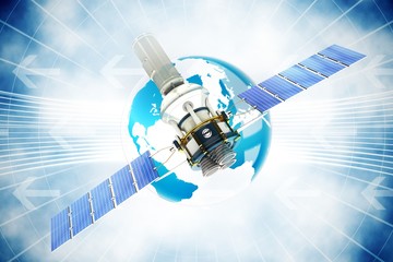 Poster - Composite image of 3d image of blue modern solar satellite