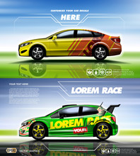 Digital Vector Yellow Red And Green Sedan Sport Car Mockup, Ready For Print Or Magazine Design. Your Brand, Customize Your Decals. Blue And Green Background. Transparent, Realistic 3d, Reflection