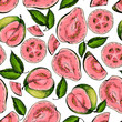 Vector hand drawn seamless pattern of isolated guava. Engraved colored art. Delicicous tropical vegetarian objects.