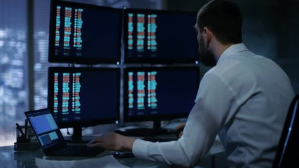 Aufkleber - Late at Night Trader Reads Numbers on His Multiple Displays with Stock Information on Them. In Background Big City Window View. Shot on RED EPIC-W 8K Helium Cinema Camera.