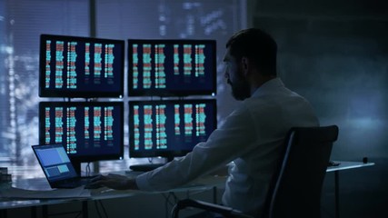 Aufkleber -  Late at Night Trader Reads Numbers on His Multiple Displays with. He Succeeded in Winning Big on Stocks Trades. In Background Big City Window View.Shot on RED EPIC-W 8K Helium Cinema Camera.