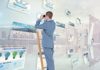 Canvas Print - Man on a ladder with binoculars seeing panels 