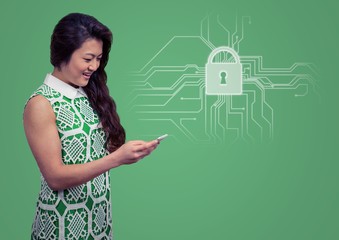 Poster - Woman with phone and white lock graphic