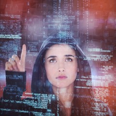 Poster - Composite image of young female hacker using digital screen