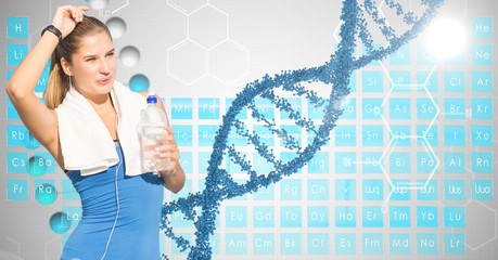 Sticker - Fit woman holding water bottle against DNA 