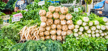 Fresh Green Vegetables And Roots On Carmel Market Tel Aviv Israel