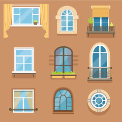 Sticker - Windows set in different styles and forms. Window frames exterior view