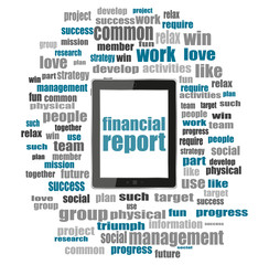 Poster - financial report words. Business concept . Tablet pc with word cloud collage