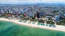 View From The Coastline To The City Of Da Nang In Vietnam	300 Meters Above The Ocean And 400 From The Shore.