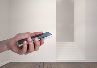 Poster - Hand holding a mobile phone and room with steps