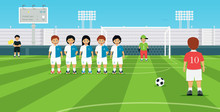 Football Free Kick Kicker With Opposing Player Set Up Defensive Wall.